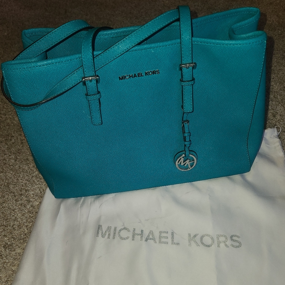 Michael Kors Teal/Turquoise Leather Travel  Tote Bag